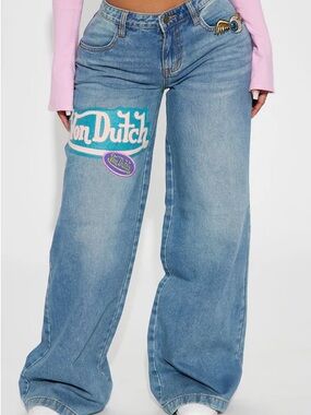 Von Dutch Light Blue Wide-Leg Jeans with Logo Patch